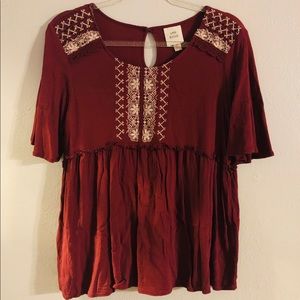 Boho Wine Babydoll Top, Cream Embroidery Detail